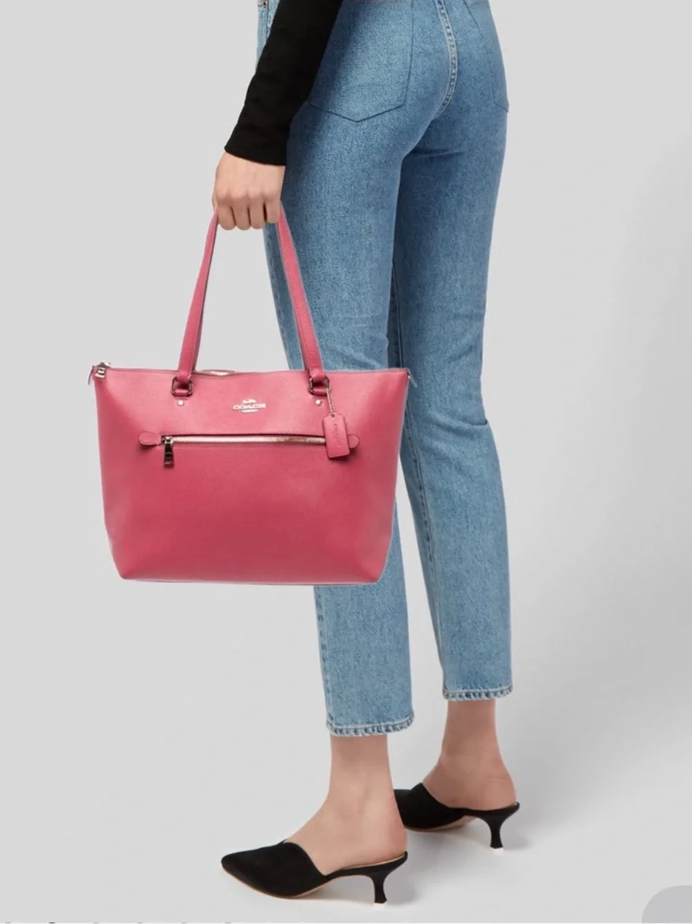 Coach Pink Leather Tote Bag - Zip Front Pocket